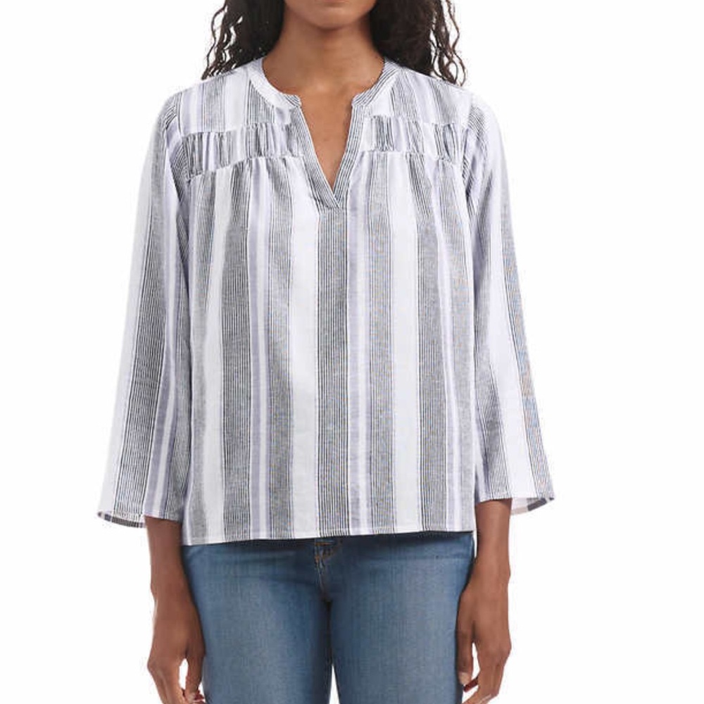 Splendid Women Striped Top Size L Women Preppy Rayon Linen Pullover V Neck